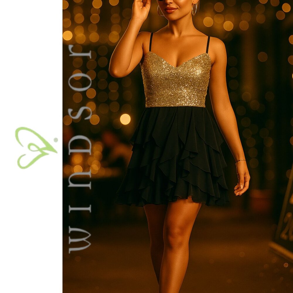 Gold Sequin Corset Mini Dress NYE | Black Chiffon Ruffles | Size 5/6